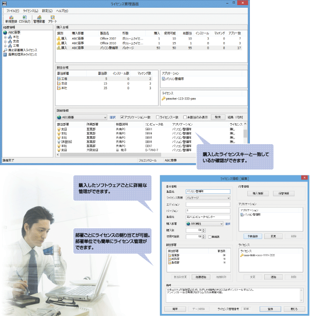 購入したライセンスキーと一致しているか確認できます。／購入したソフトウェアごとに詳細な管理ができます。／部署ごとにライセンスの割り当てが可能。部署単位でも簡単にライセンス管理ができます。