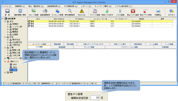 指定期間パソコン警備隊サーバーに情報が送信されていないパソコンを検出し、警告リストに表示します。／情報見送信の期間を設定できます。例：30日間情報未送信のパソコンを検出します。