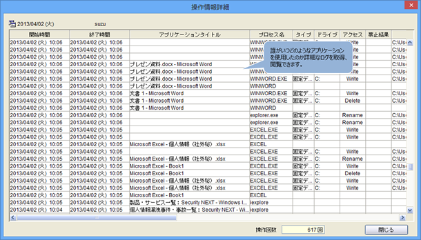 誰がいつどのようなアプリケーションを使用したのか詳細なログを取得、閲覧できます。