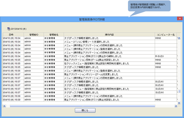 管理者が管理画面で閲覧した情報や、設定変更の内容を確認できます。